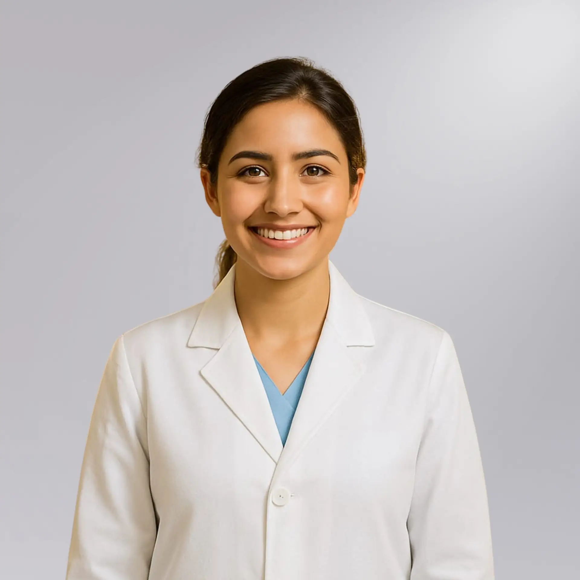 Pakistani female doctor wearing KT white lab coat by Dr Suit